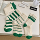 米色纯棉粗线针织堆堆袜日系运动长袜 绿色条纹袜子女中筒袜秋冬款