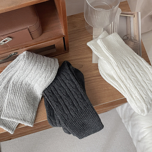 复古羊毛袜子女秋冬季 保暖加厚长筒灰色堆堆袜日系粗线麻花中筒袜