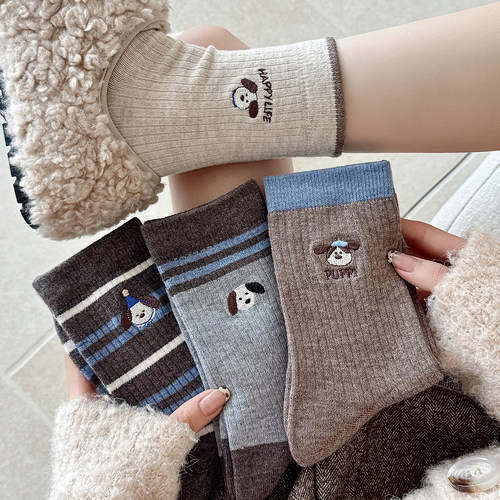 美拉德咖色小狗袜子女卡通可爱