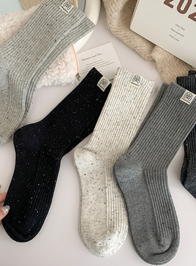 袜口布标小狗袜子女中筒袜ins潮纯棉春秋日系点子纱灰色秋冬长袜