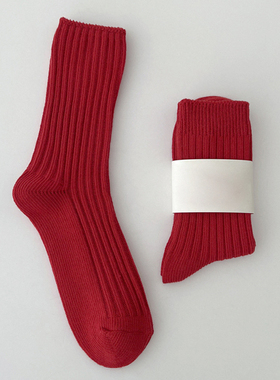 本命年大红袜新年红色袜子女中筒袜秋冬双针纯棉纯色马年好运棉袜
