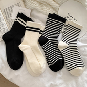 仿羊绒袜子女秋冬季 黑白撞色条纹二杠中筒袜ins潮日系学院风长袜