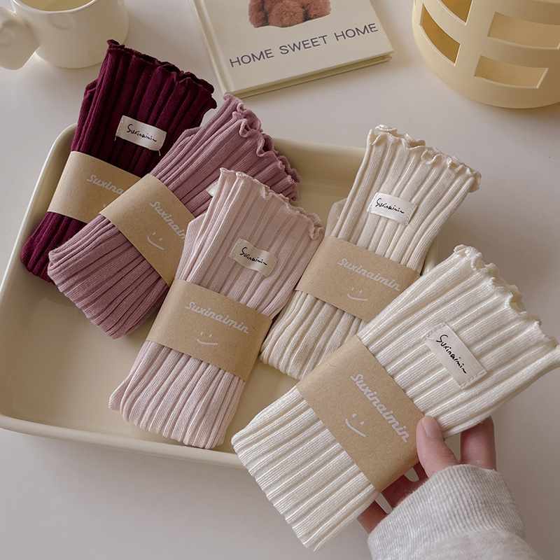 木耳边袜子竖条纹堆堆袜双针布标