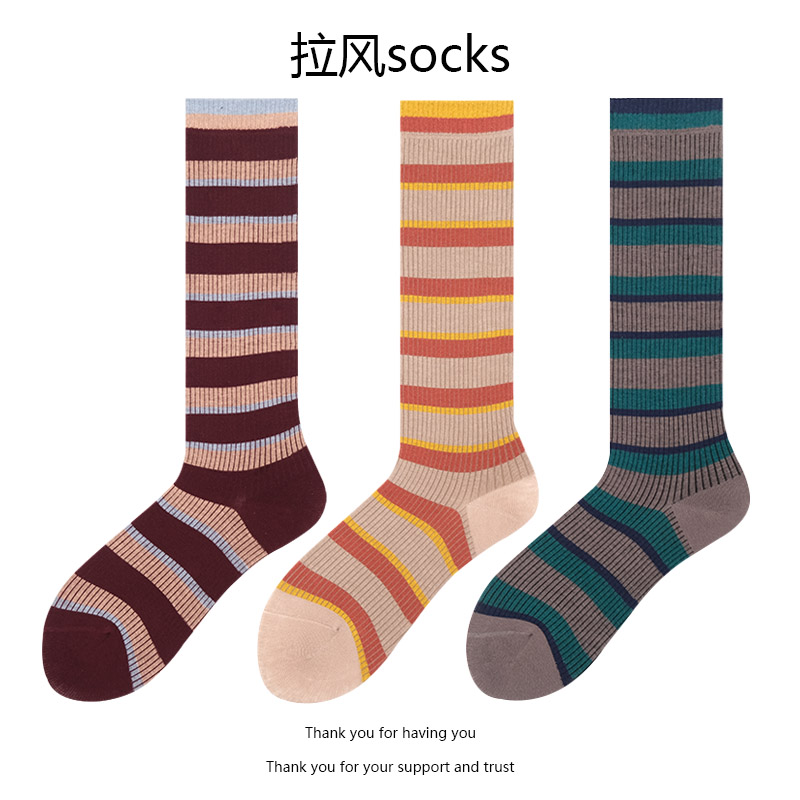 撞色条纹长筒袜子复古显瘦小腿袜