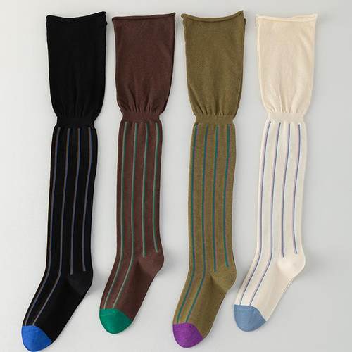 慵懒风竖条纹松口过膝袜子女撞色