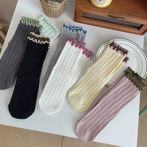 灰色花边撞色双层木耳边堆堆袜子