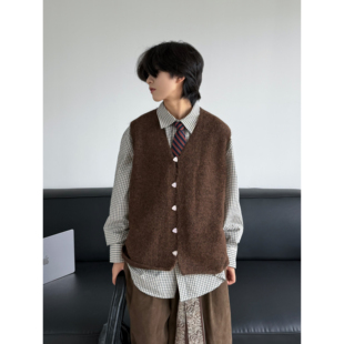 19otiwtt美式复古纯色无袖V领马甲背心男女宽松叠穿短款针织外套