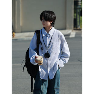 19otiwtt日系复古简约竖条纹长袖衬衫秋季休闲老钱风翻领衬衣外套