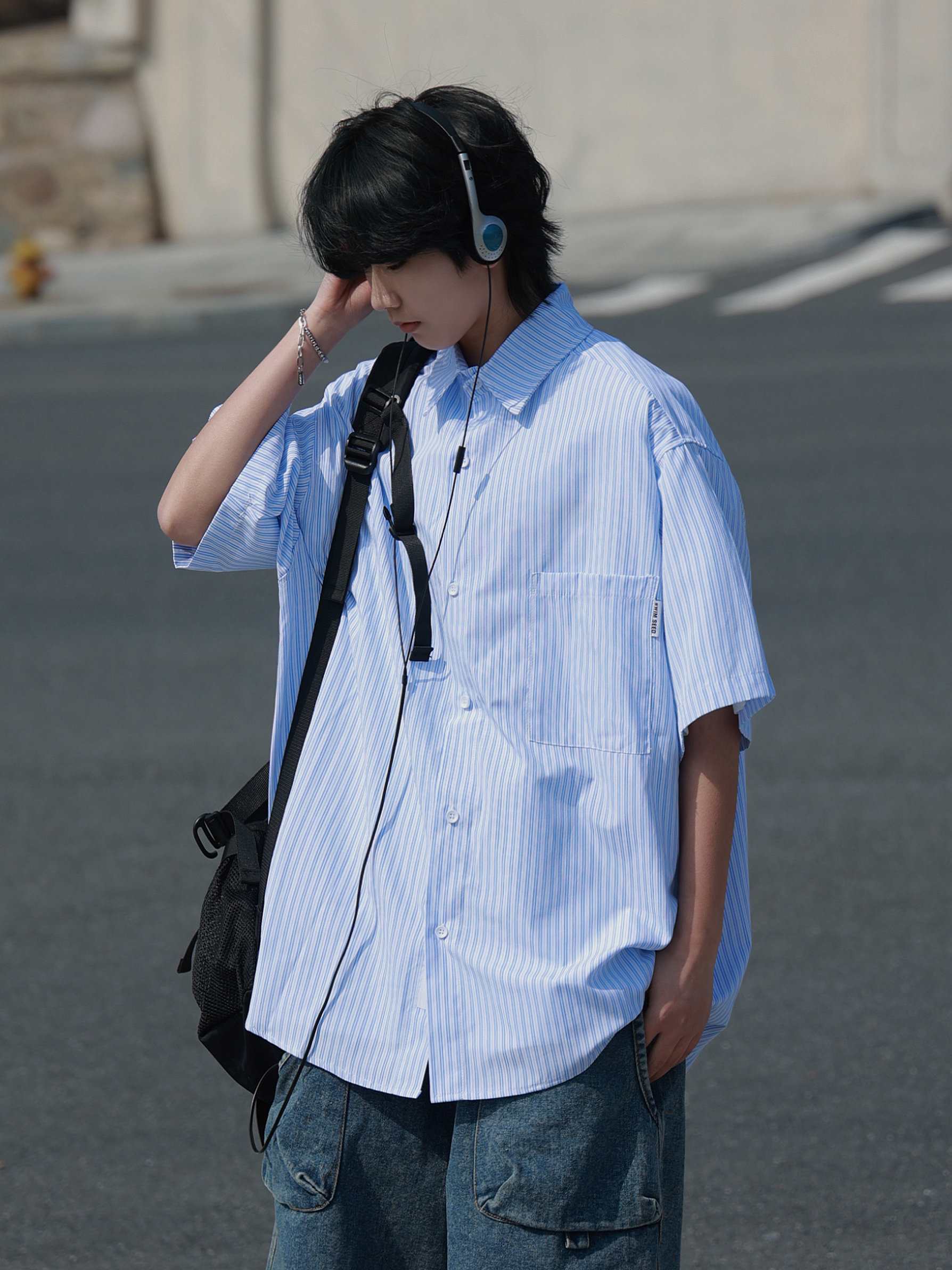 19 FREE 日系复古潮流蓝色条纹衬衫短袖cityboy宽松少年感宽松T恤