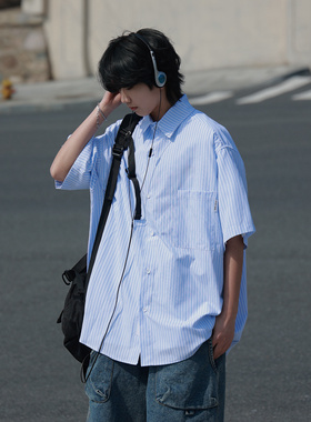 19 FREE 日系复古潮流蓝色条纹衬衫短袖cityboy宽松少年感宽松T恤