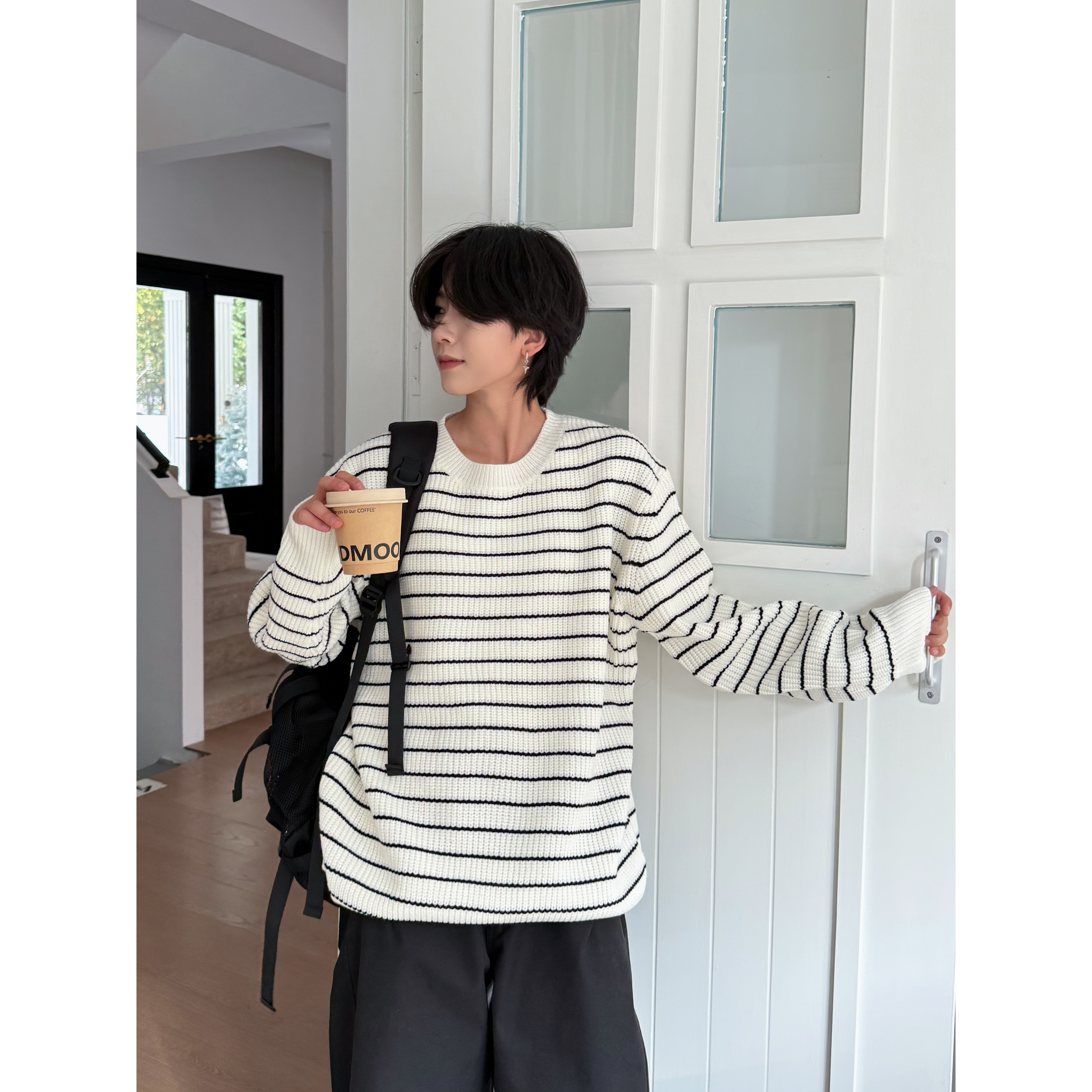 19otiwtt日系复古潮流条纹圆领针织衫男通勤纯色休闲宽松保暖毛衣,男装,针织衫/毛衣,淘宝优惠券,粉丝福利购,淘宝优惠卷