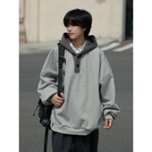 19otiwtt秋冬高级感日系复古落肩连帽卫衣拼接重磅加绒慵懒风帽衫