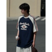 潮宽松情侣休闲百搭半袖 19otiwtt日系复古拼色印花短袖 T恤男夏季