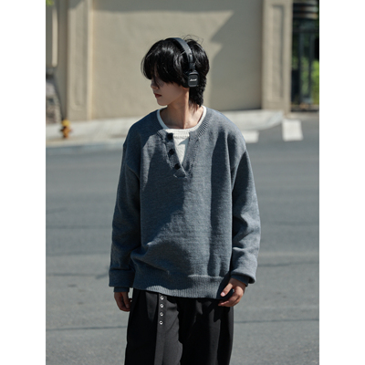撞色拼接假两件V领毛衣男