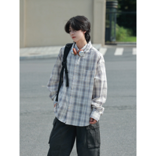 19otiwtt日系复古学院风泡泡褶皱格子ins潮牌长袖 男女vintage 衬衫