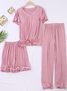 莫代尔带胸垫睡衣女夏冰丝v领宽松薄款短袖短裤外穿休闲家居服夏