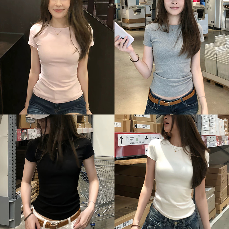 MYFC纯色正肩运动短袖T恤女2025新款夏弹力修身显瘦百搭打底上衣
