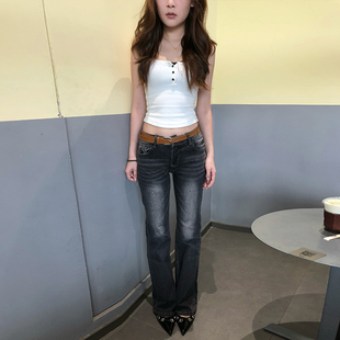 MYFC美式复古低腰微喇牛仔裤女2025秋季新款弹力修身显瘦喇叭裤子