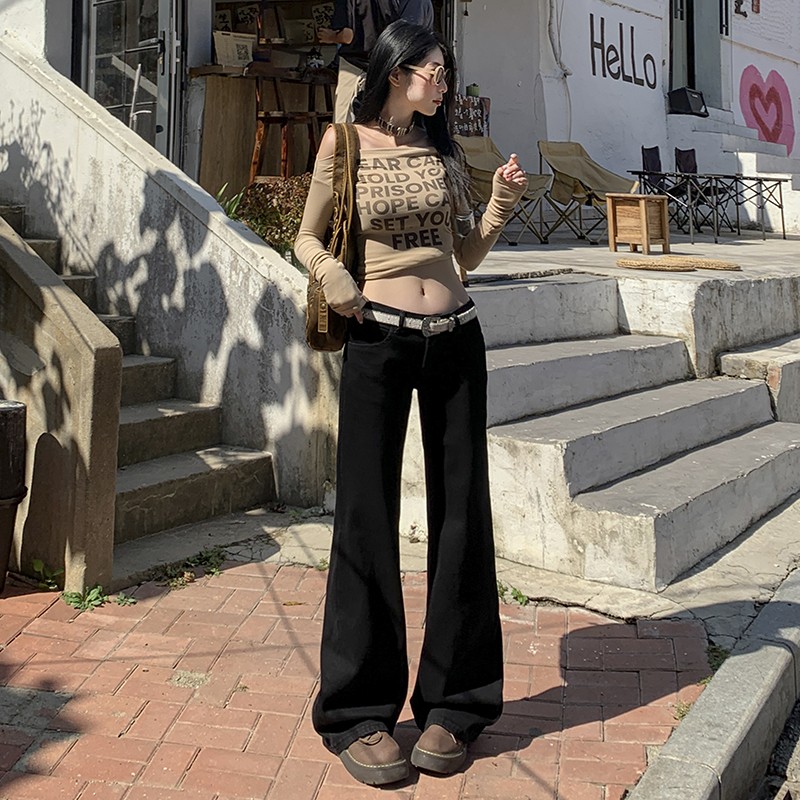 美式黑色微喇牛仔裤女瘦辣妹水洗