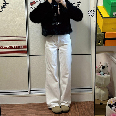 白色阔腿牛仔裤女宽松直筒裤