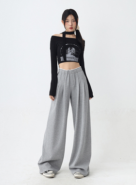 MYFC灰色假两件拼接卫裤女2025新款设计感宽松垂感显瘦褶皱休闲裤