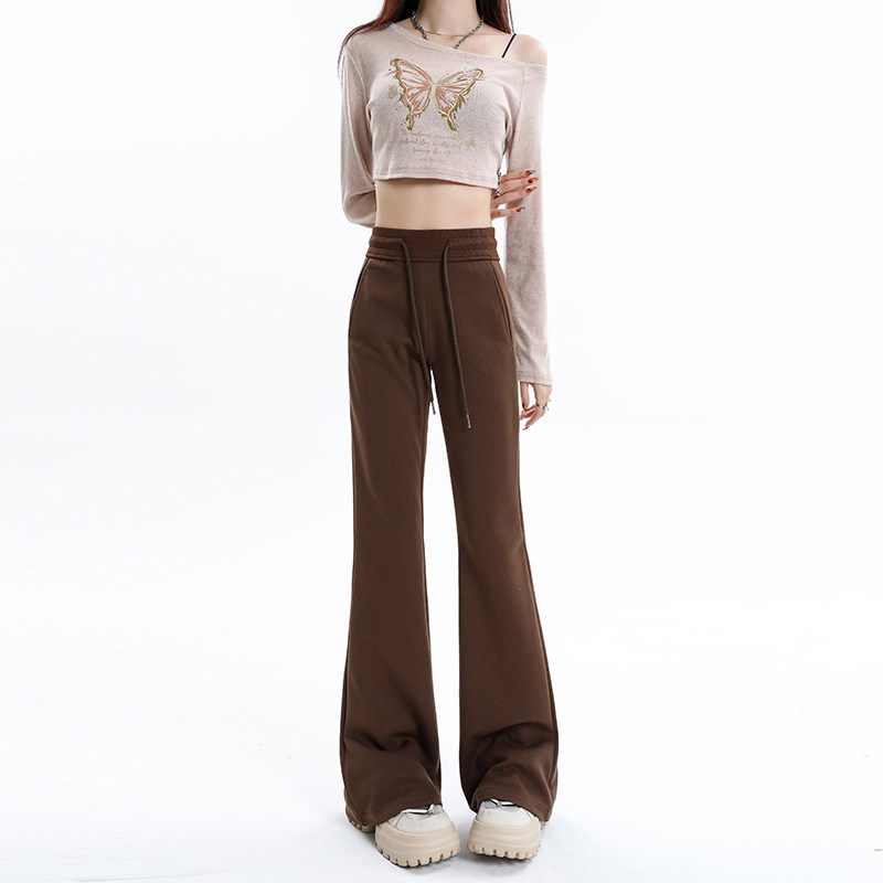 棕色微喇叭休闲裤女高腰卫裤