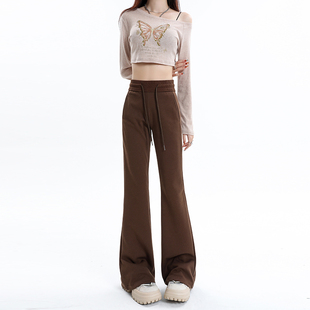 高腰显瘦抽绳垂感百搭拖地卫裤 新款 女春季 美拉德棕色微喇叭休闲裤