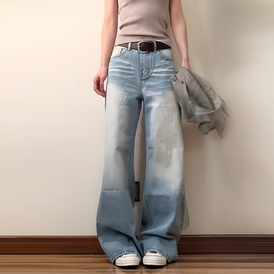 MYFC复古水洗阔腿牛仔裤女春夏新款高腰显瘦垂感宽松拖地直筒裤