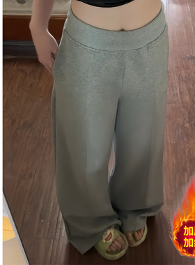 MYFC灰色加绒阔腿休闲裤女2025新款翻边高腰显瘦垂感宽松运动卫裤