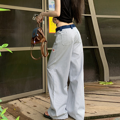 美式蓝条纹阔腿休闲裤女宽松直筒