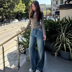 MY FAERIE绣标系列~低腰水洗宽松直筒美式复古牛仔裤女阔腿裤子