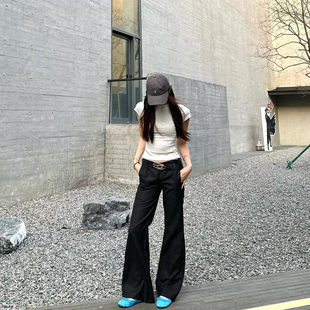 MYFC黑色低腰微喇西装裤女2025春季新款垂感百搭拖地喇叭休闲裤子