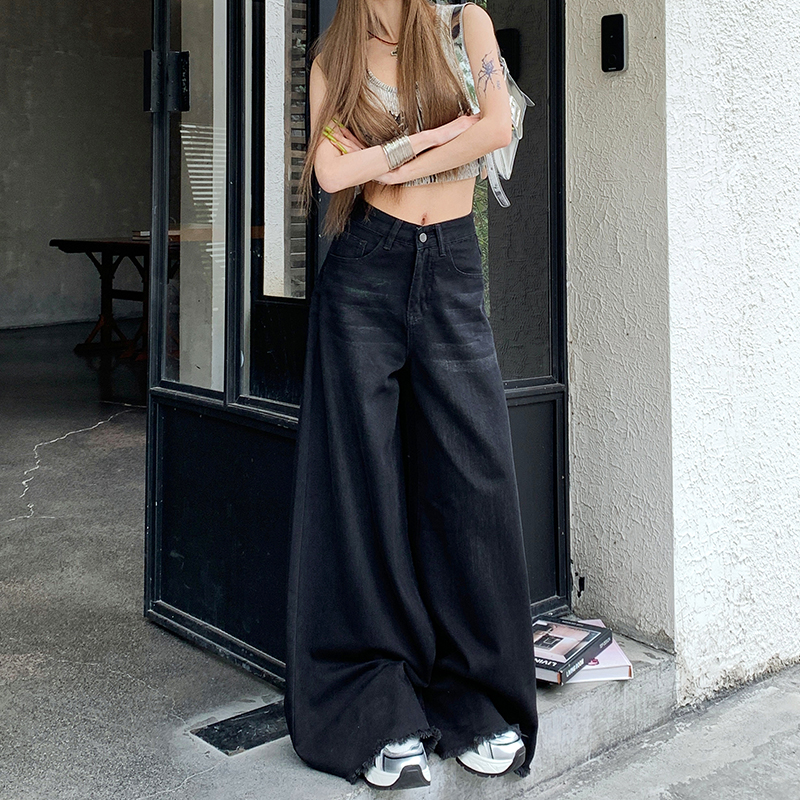 黑色阔腿牛仔裤女毛边拖地裤