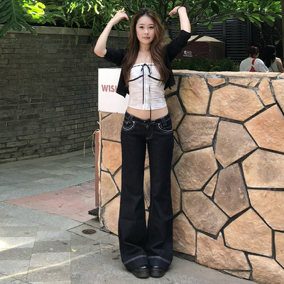 美式深蓝色低腰微喇叭牛仔裤女