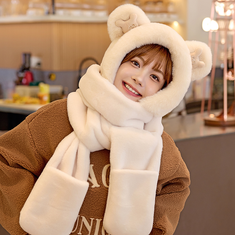 冬季连帽围脖可爱女加厚围巾保暖