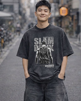 YANMAN300克重磅水洗印花短袖英文洗水做旧美式高街宽松T恤潮服