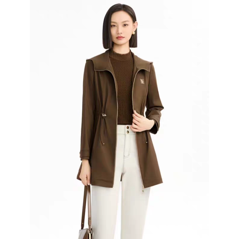 娜尔家商场同款2025年秋季新品时尚收腰休闲百搭中长款风衣外套女