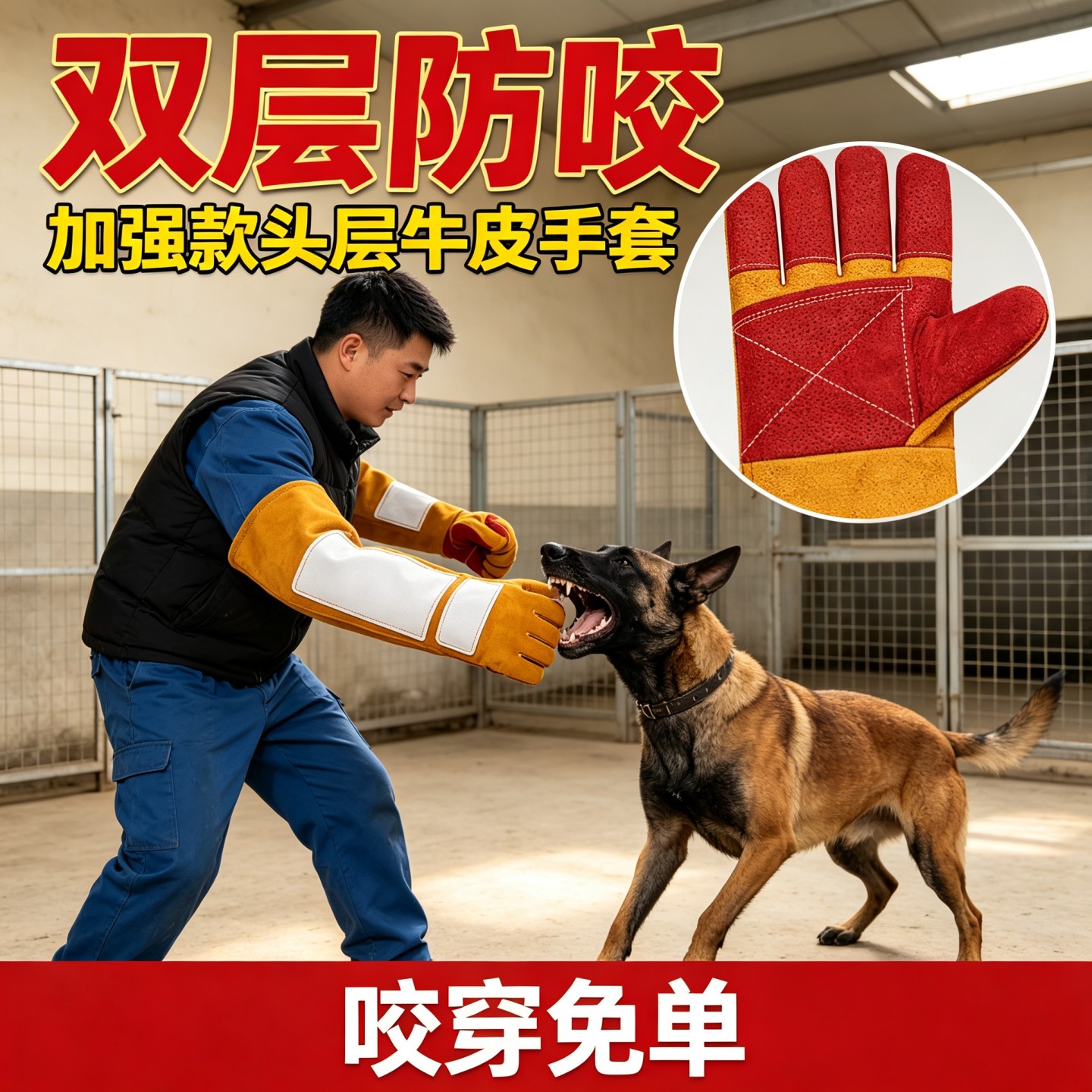 凯夫拉牛皮防咬手套宠物训练防抓