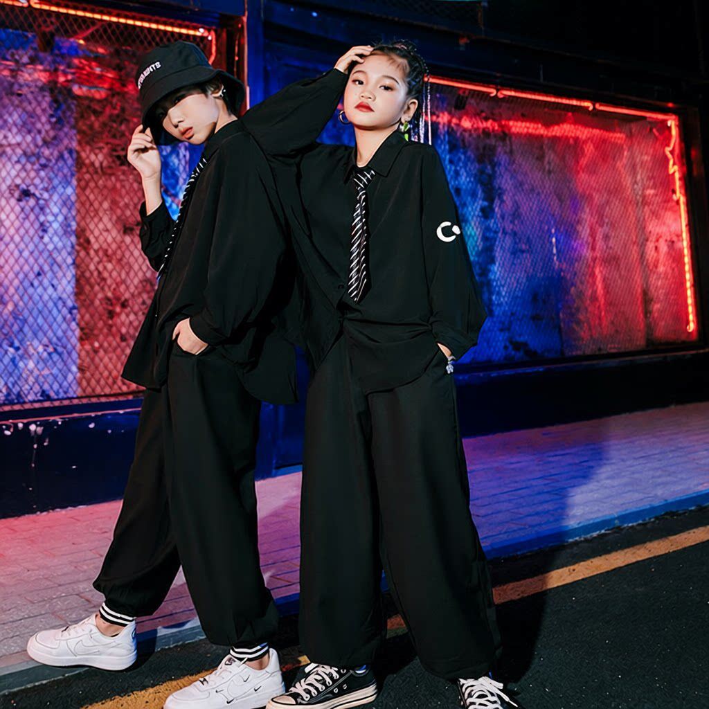 女童爵士舞服装儿童套装衬衫男童hiphop嘻哈街舞演出服潮流演出服