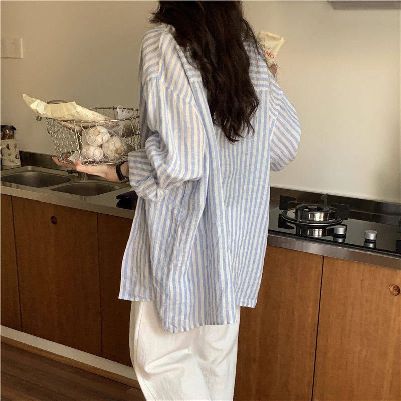 条纹衬衫女长袖宽松薄款松弛感亚麻衬衫防晒慵懒风棉麻外穿上衣夏