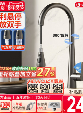 箭牌枪灰抽拉式冷热龙头洗菜盆不锈钢旋转厨房水槽防溅万向水龙头
