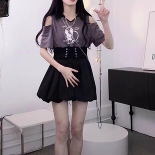 韩系少女休闲穿搭封腰露肩甜酷短袖T恤女上衣+花苞半身裙两件套夏