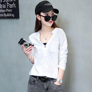 春秋季竹节棉V领纯棉T恤女装2025新款长袖打底衫洋气宽松百搭上衣