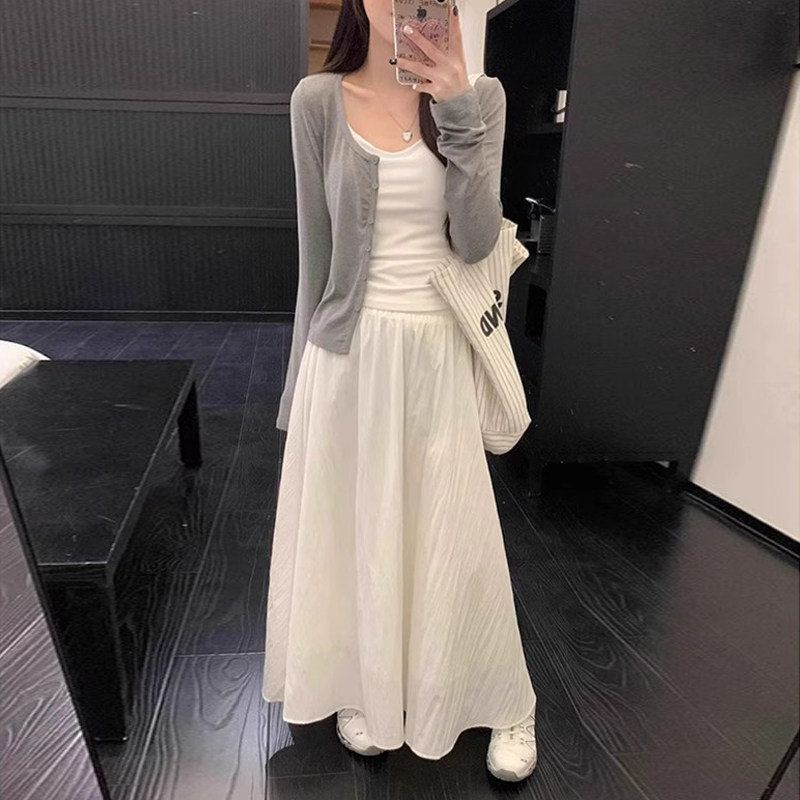 韩系薄款开衫打底吊带背心中长裙女两件套装裙夏季新款时尚三件套
