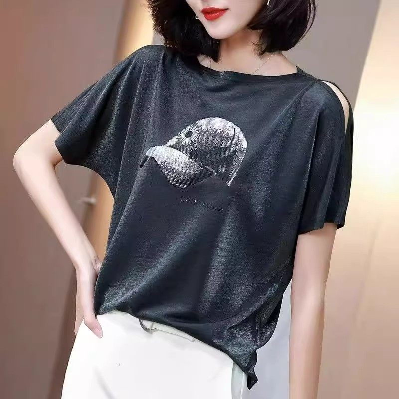 露肩圆领短袖T恤女小衫烫钻帽子