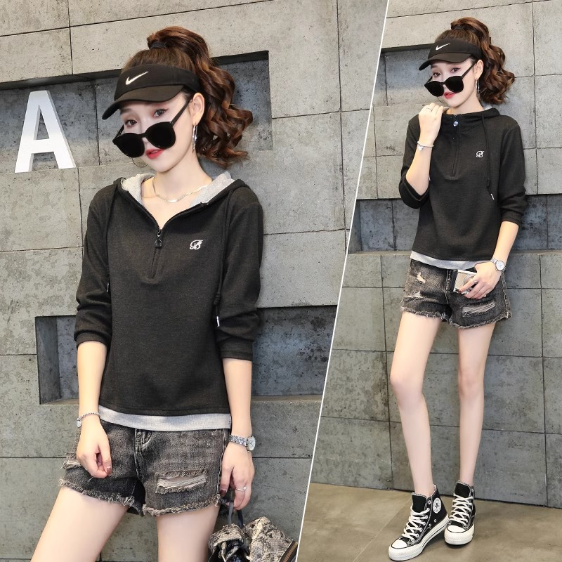 假两件连帽卫衣女长袖2025春秋新款大码宽松显瘦套头休闲外套上衣