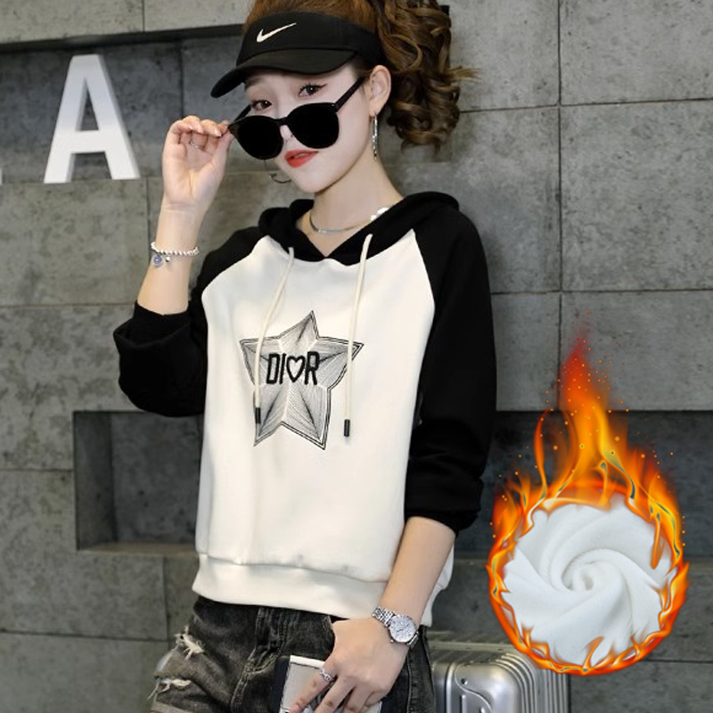 秋冬撞色插肩袖连帽卫衣加绒加厚