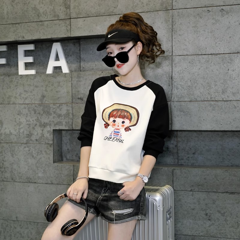 撞色圆领印花卫衣打底衫