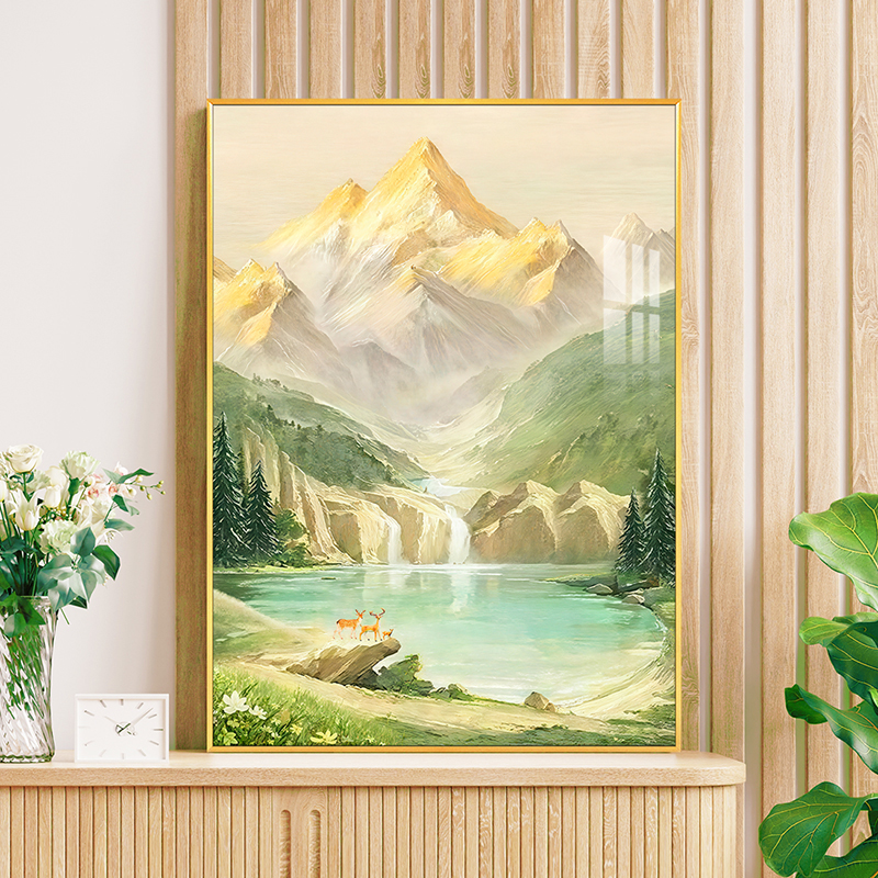 日照金山入户玄关装饰画风景山水画高级感聚宝盆油画走廊过道挂画图片