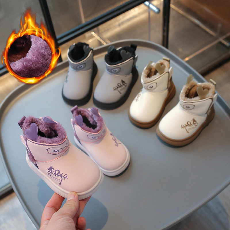 冬季款儿童卡通加绒加厚雪地靴男女宝宝软底防滑学步鞋户外保暖鞋